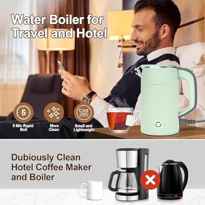 Silk Route Small Electric Kettle 600W Mini Portable Tea Kettle Stainless Steel Interior Hot Water Boiler Auto ShutOff  No Base Gift For Travel Camping Office Student Dormitory Green 08L - Image 4