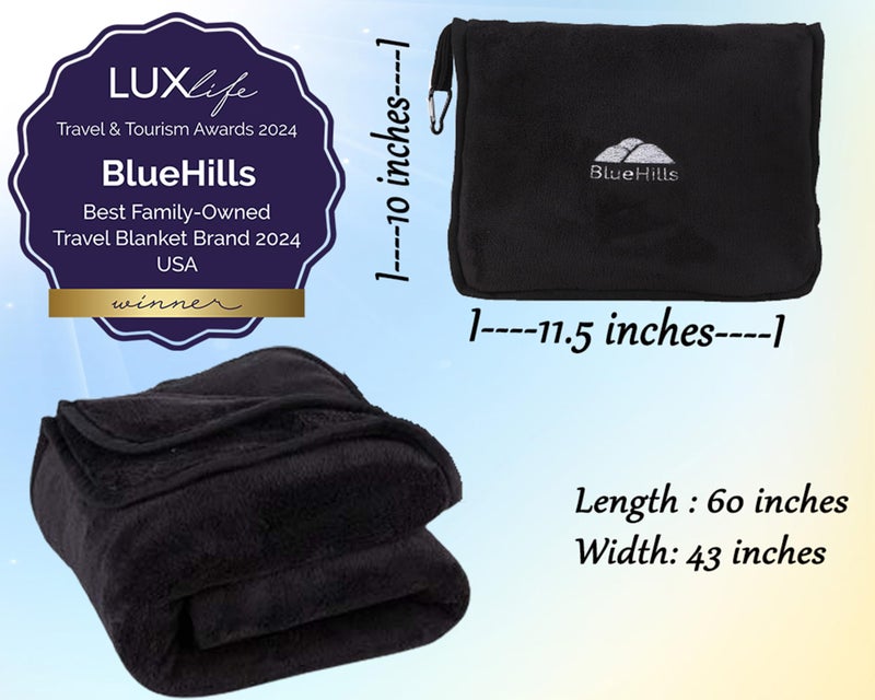 BlueHills بطانية وسادة سفر فاخرة من بلوهيلز 2-pack مع حقيبة ناعمة وحزام أمتعة ولقطة حقيبة ظهر، بطانيات كبيرة مدمجة للسفر (أسود T014) - Image 4