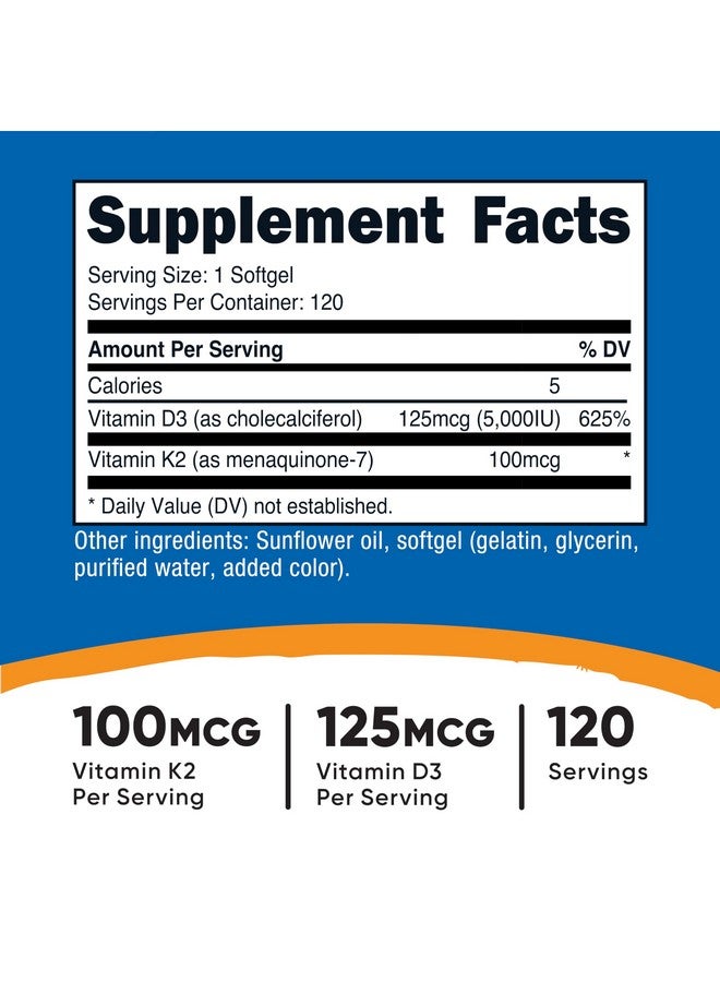 Nutricost Vitamin K2 (MK7) (100mcg) + Vitamin D3 (5000 IU) 120 Softgels - Gluten Free and Non-GMO - Image 2