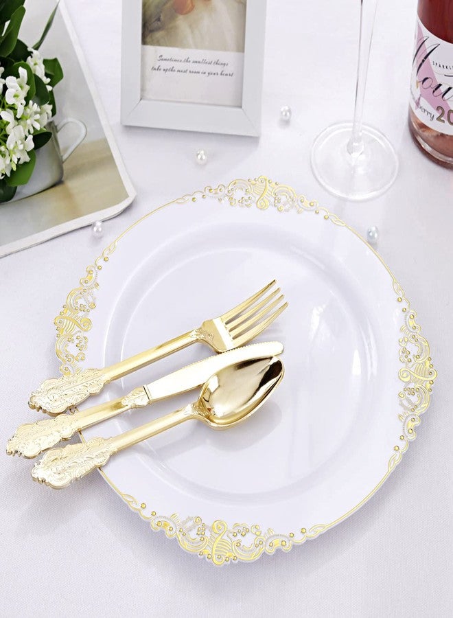 Liacere 50PCS Gold and White Plastic Plates - 10.25Inch Disposable Gold Plastic Plates - Premium Heavy Dinner Plates for Weddings & Parties - Image 4