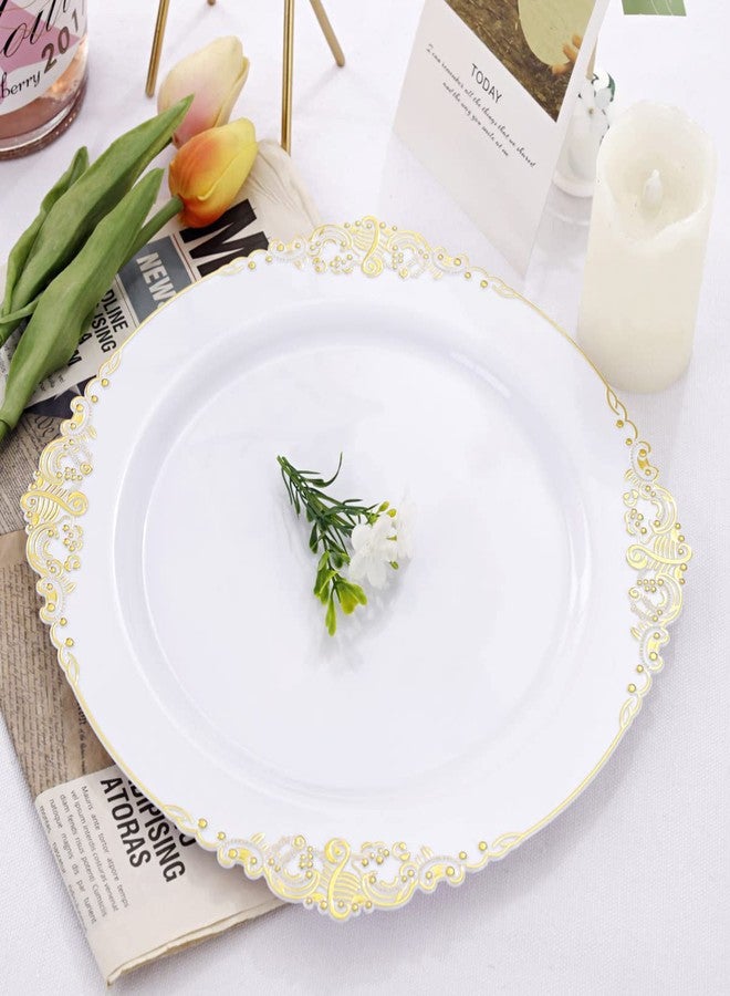 Liacere 50PCS Gold and White Plastic Plates - 10.25Inch Disposable Gold Plastic Plates - Premium Heavy Dinner Plates for Weddings & Parties - Image 5