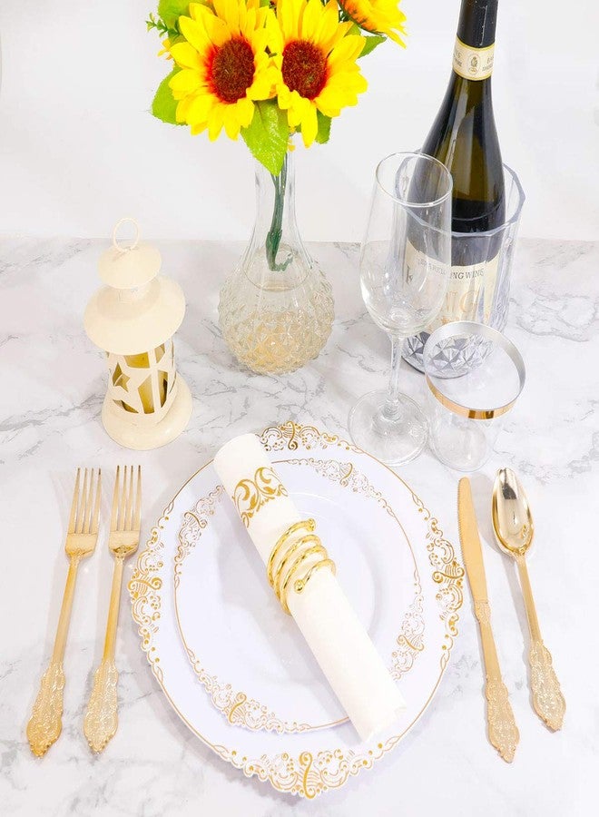 Liacere 50PCS Gold and White Plastic Plates - 10.25Inch Disposable Gold Plastic Plates - Premium Heavy Dinner Plates for Weddings & Parties - Image 2
