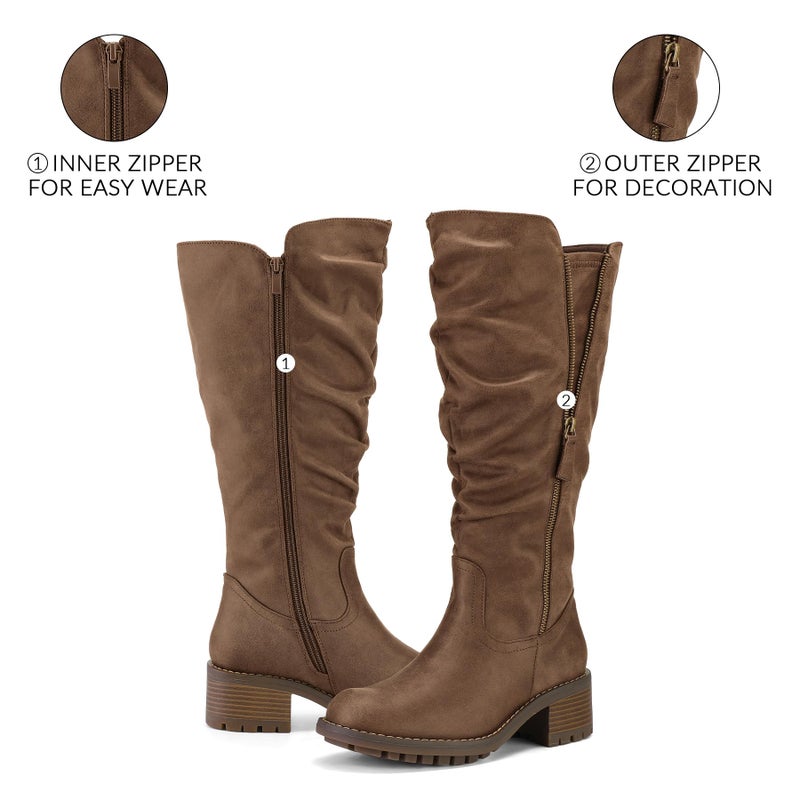 mysoft Women's Knee High Boots Side Zipper Lug Sole 2 Inch Stacked Chunky Heel Boots - Image 3