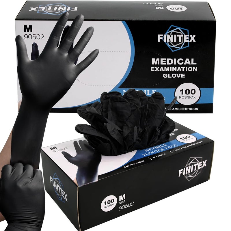 FINITEX Black Nitrile Disposable Medical Exam Gloves - Box of 100 PCS 6mil Powder-Free Latex-Free For Examination Home Cleaning Food Glove (Medium) - Image 1