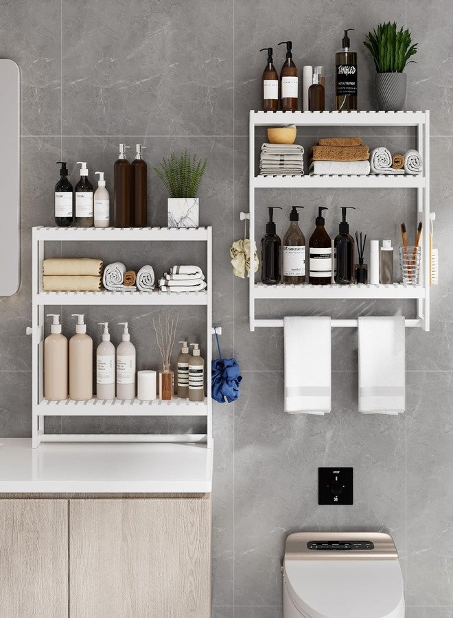 RRX Bathroom Shelf Storage Organizer, 5.9''D*23.6''W*21.2''H, 3-Tier Adjustable Layer Floating Wall Mount Bamboo Kitchen Organizer with Bar, White Standing Shelf Units, Towel Rack Hanging Rod(White) - Image 5