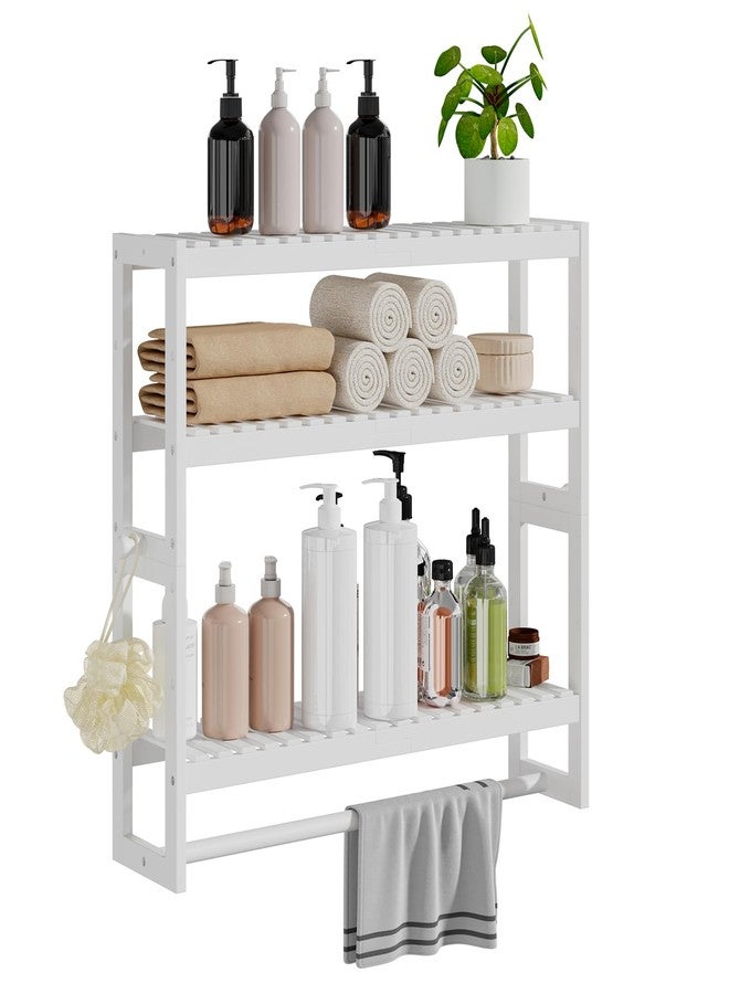 RRX Bathroom Shelf Storage Organizer, 5.9''D*23.6''W*21.2''H, 3-Tier Adjustable Layer Floating Wall Mount Bamboo Kitchen Organizer with Bar, White Standing Shelf Units, Towel Rack Hanging Rod(White) - Image 1