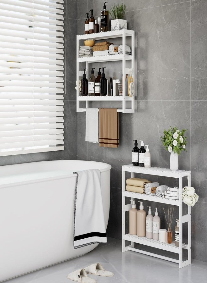RRX Bathroom Shelf Storage Organizer, 5.9''D*23.6''W*21.2''H, 3-Tier Adjustable Layer Floating Wall Mount Bamboo Kitchen Organizer with Bar, White Standing Shelf Units, Towel Rack Hanging Rod(White) - Image 4