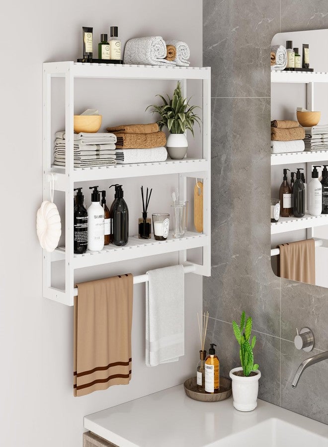 RRX Bathroom Shelf Storage Organizer, 5.9''D*23.6''W*21.2''H, 3-Tier Adjustable Layer Floating Wall Mount Bamboo Kitchen Organizer with Bar, White Standing Shelf Units, Towel Rack Hanging Rod(White) - Image 3