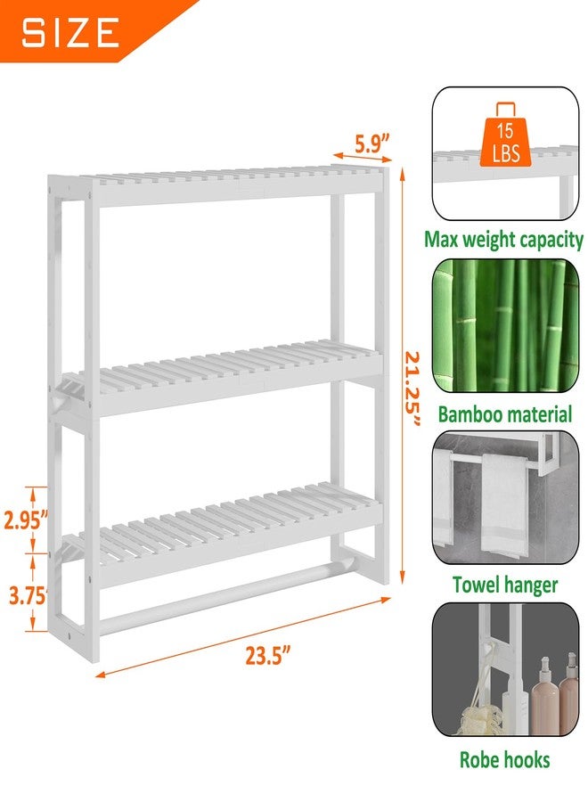RRX Bathroom Shelf Storage Organizer, 5.9''D*23.6''W*21.2''H, 3-Tier Adjustable Layer Floating Wall Mount Bamboo Kitchen Organizer with Bar, White Standing Shelf Units, Towel Rack Hanging Rod(White) - Image 2