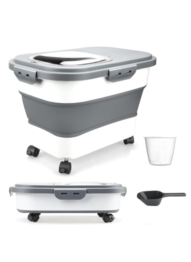 Arabest Rice Storage Containers with Scoop and Measuring Cup, Collapsible 10 to 30Lbs Food Storage Bin Dispenser with Rolling Wheel and Clear Airtight Lid, Flour, Sugar, Cereal and Dog Cat Pet foo  - Image 1