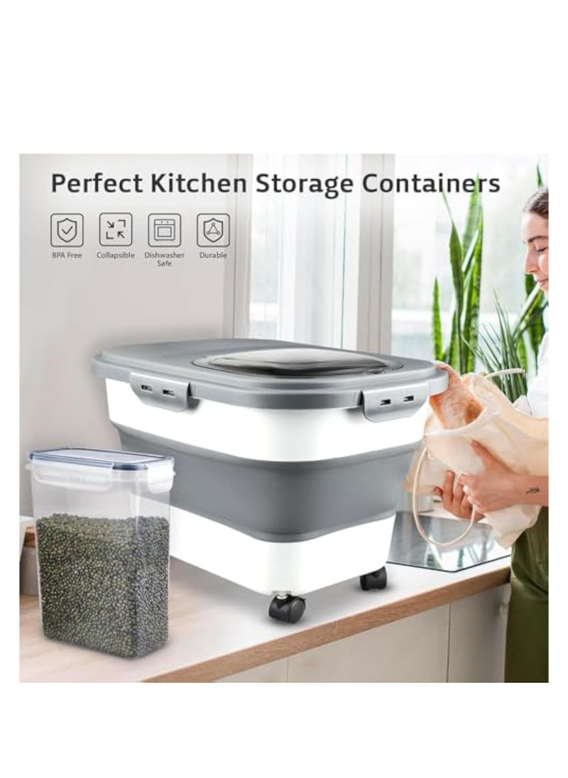 Arabest Rice Storage Containers with Scoop and Measuring Cup, Collapsible 10 to 30Lbs Food Storage Bin Dispenser with Rolling Wheel and Clear Airtight Lid, Flour, Sugar, Cereal and Dog Cat Pet foo  - Image 4
