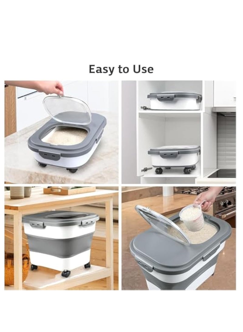 Arabest Rice Storage Containers with Scoop and Measuring Cup, Collapsible 10 to 30Lbs Food Storage Bin Dispenser with Rolling Wheel and Clear Airtight Lid, Flour, Sugar, Cereal and Dog Cat Pet foo  - Image 3