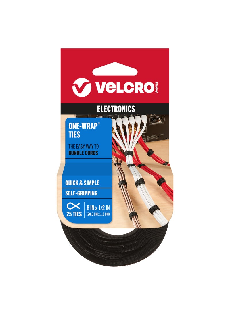 VELCRO Brand VELCRO Brand ONE-WRAP Cable Ties | 25Pk | 8 x 1/2" Black Cord Organization Straps | Thin Pre-Cut Design | Wire Management for Organizing Home, Office and Data Centers  - Image 1
