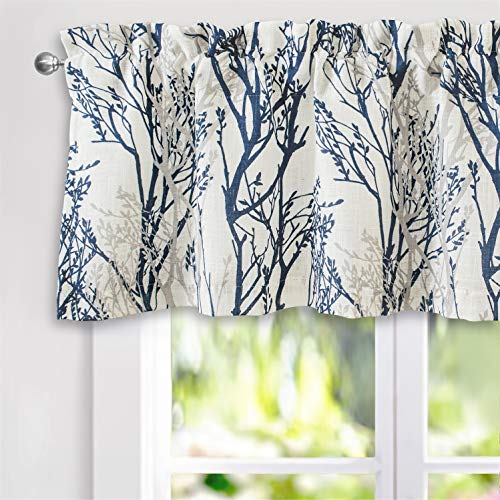 DriftAway Tree Branch Linen Lined Valance Double Layer Thermal Insulated Room Darkening Blackout Valances 3 Inch Rod Pocket Short Window Valance for Living Room Bathroom 52 Inch by 18 Inch Blue - Image 1