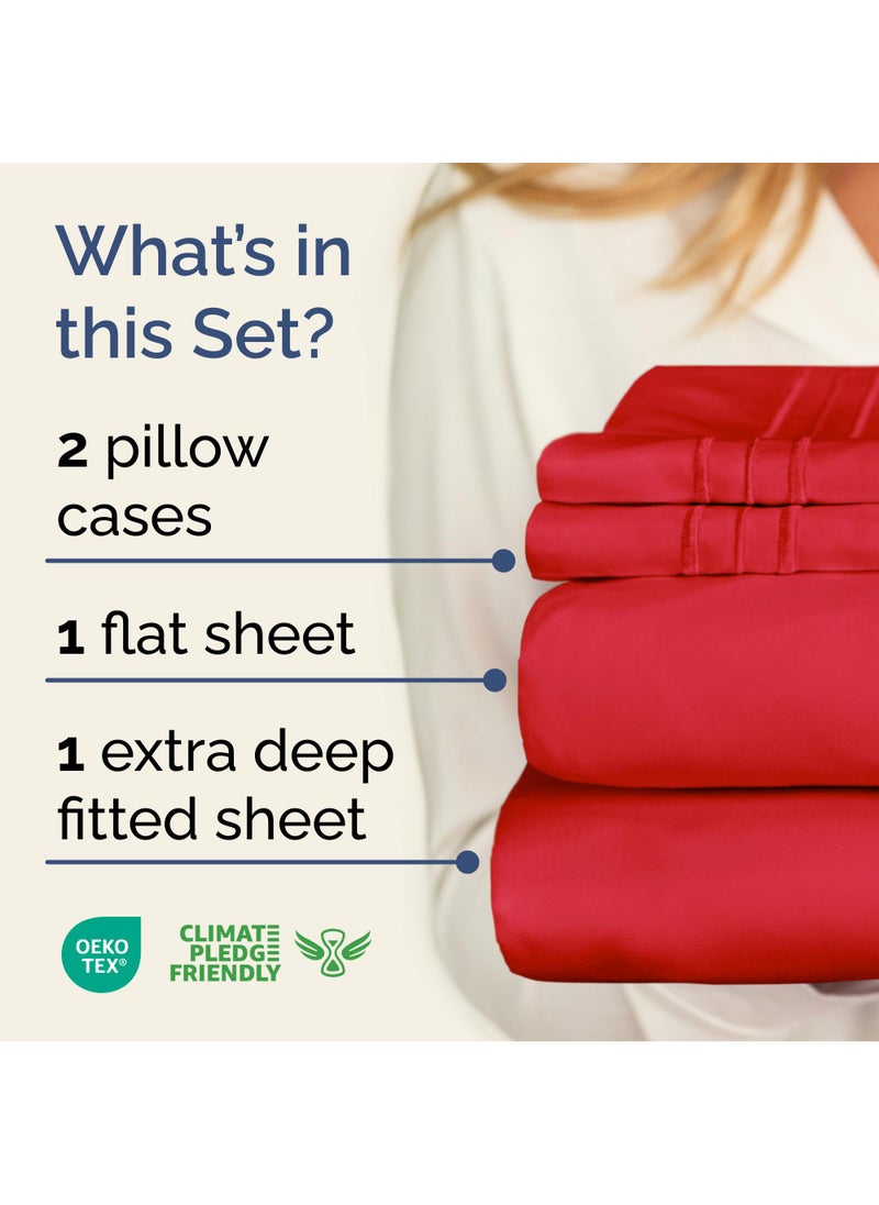 Extra Deep Twin Sheet Set - 4 Piece Breathable & Cooling Sheets - Hotel Luxury Bedding Set with 18-24 Inch Extra Deep Pockets - Easy & Secure Fit - Super Soft  Wrinkle Free and Comfy - Red  Twin Size