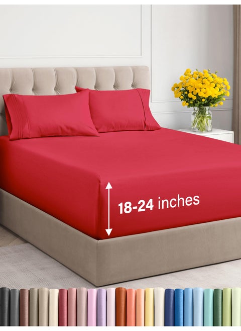 Extra Deep Twin Sheet Set - 4 Piece Breathable & Cooling Sheets - Hotel Luxury Bedding Set with 18-24 Inch Extra Deep Pockets - Easy & Secure Fit - Super Soft  Wrinkle Free and Comfy - Red  Twin Size