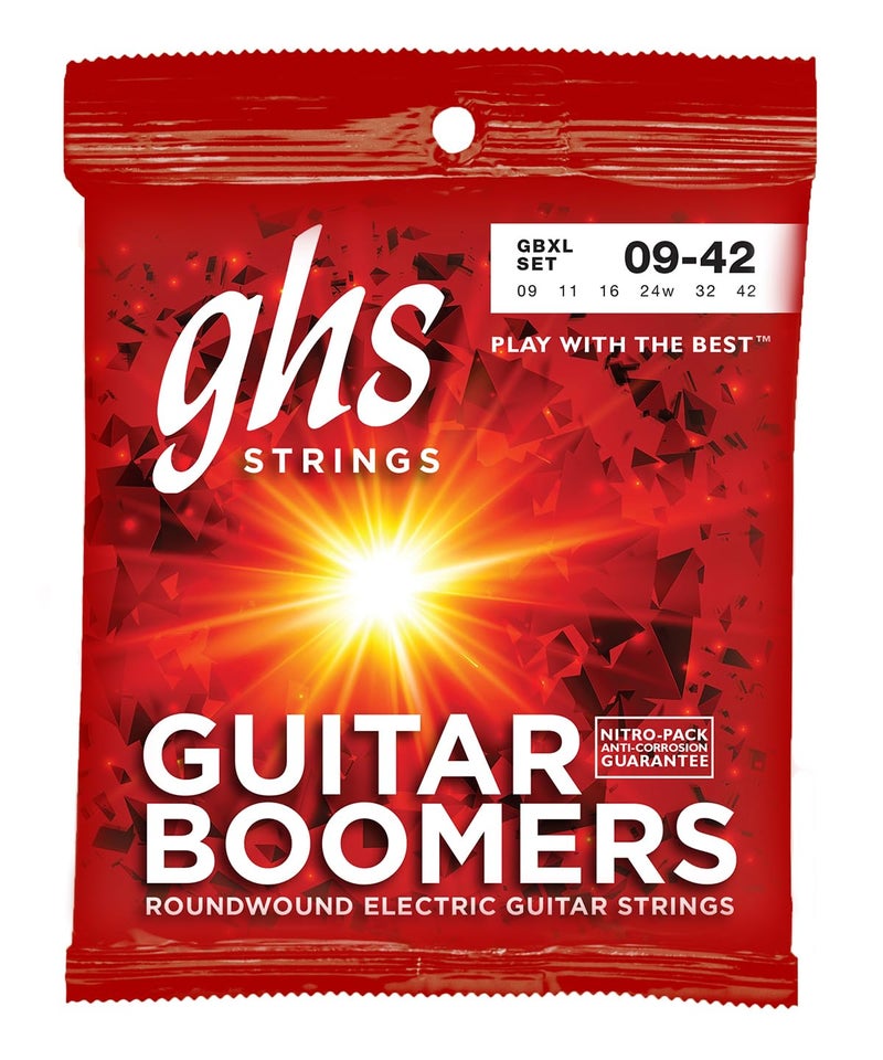 GHS Strings, GBXL Boomers, Nickel Plated Steel Electric Guitar Strings, Legendary Strength, Consistent Intonation, Unrivaled Sustain, Long Lasting Brightness & Tone. For 6-String Guitar 9-42 XLT Gauge - Image 1
