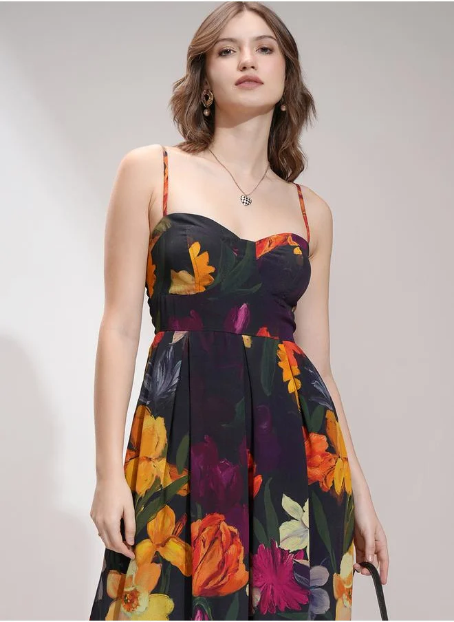 Vishudh Vishudh Floral Print Pleated Strappy A-Line Midi Dress