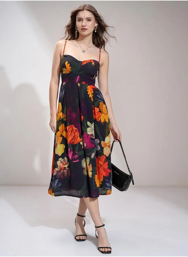 Vishudh Vishudh Floral Print Pleated Strappy A-Line Midi Dress
