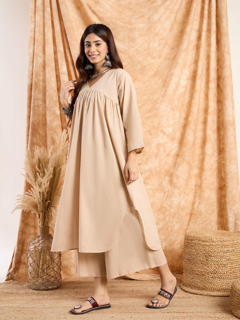 InWeave Women Beige Pastel V Neck Flared Kurta Set - Image 3