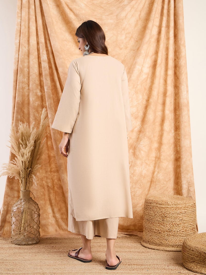 InWeave Women Beige Pastel V Neck Flared Kurta Set - Image 4