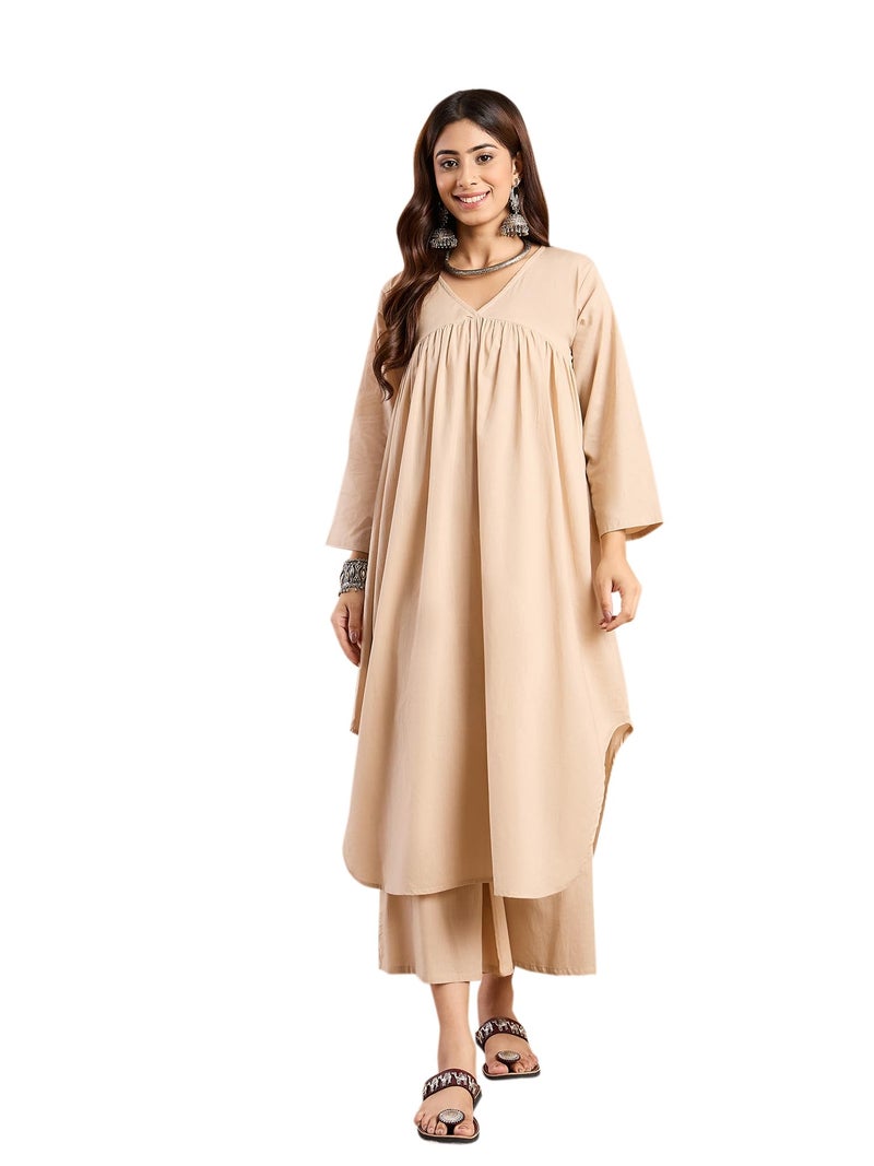 InWeave Women Beige Pastel V Neck Flared Kurta Set - Image 1