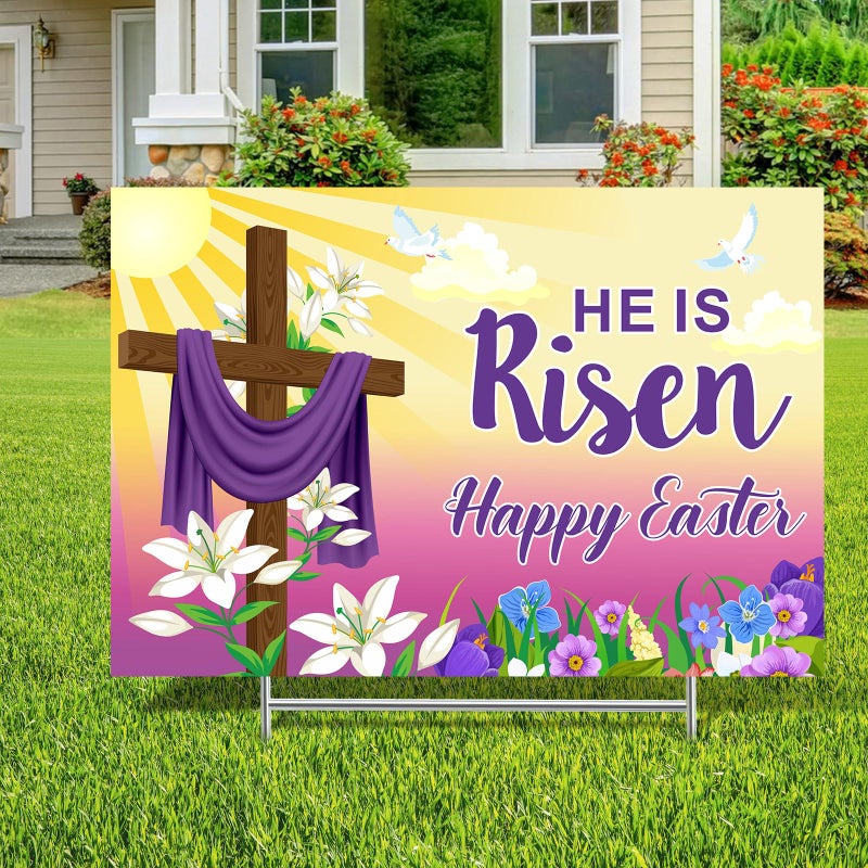 Queekay Easter Yard Sign Outdoor Decoration Happy He Is Risen Yard Sign Easter Lawn Signs Christian Holiday Party Lawn Stake for Garden(Bright Style) - Image 1