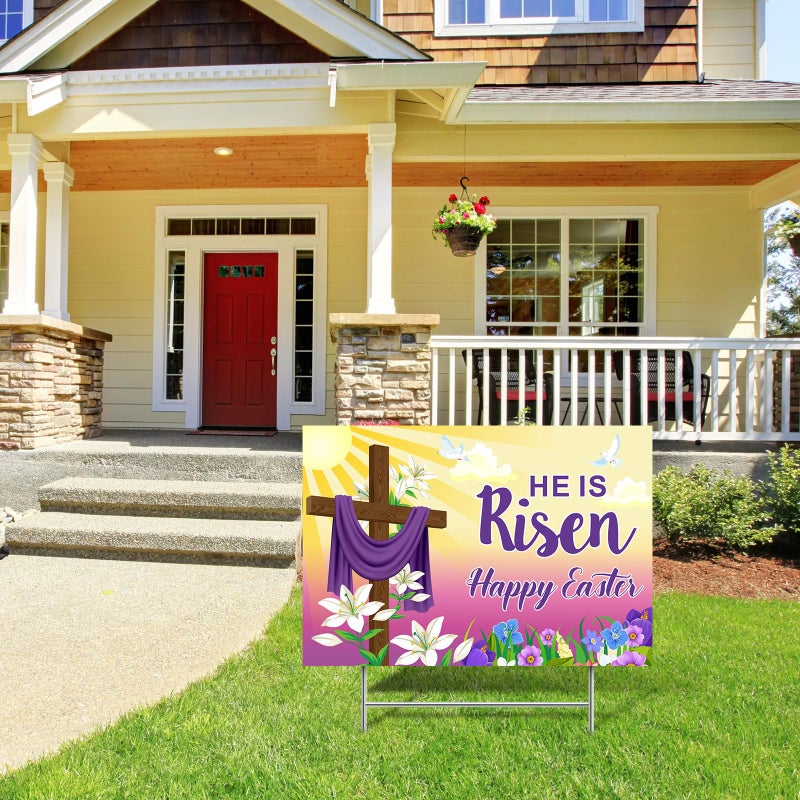 Queekay Easter Yard Sign Outdoor Decoration Happy He Is Risen Yard Sign Easter Lawn Signs Christian Holiday Party Lawn Stake for Garden(Bright Style) - Image 4
