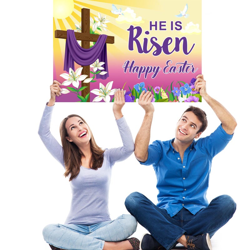 Queekay Easter Yard Sign Outdoor Decoration Happy He Is Risen Yard Sign Easter Lawn Signs Christian Holiday Party Lawn Stake for Garden(Bright Style) - Image 5