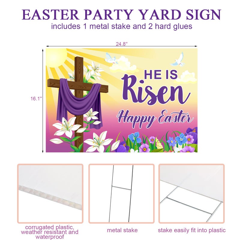Queekay Easter Yard Sign Outdoor Decoration Happy He Is Risen Yard Sign Easter Lawn Signs Christian Holiday Party Lawn Stake for Garden(Bright Style) - Image 2
