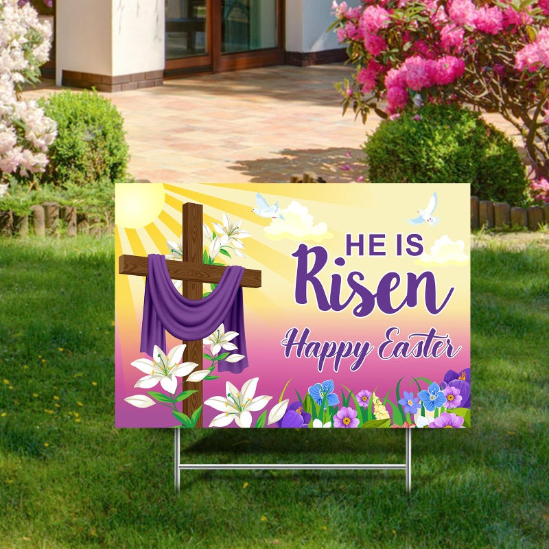 Queekay Easter Yard Sign Outdoor Decoration Happy He Is Risen Yard Sign Easter Lawn Signs Christian Holiday Party Lawn Stake for Garden(Bright Style) - Image 3