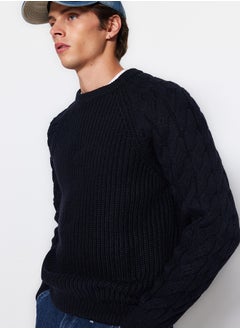 trendyol Navy Blue Regular Fit Crew Neck Hair Braid Detailed Knitwear Sweater TMNAW22KZ2059  - Image 1