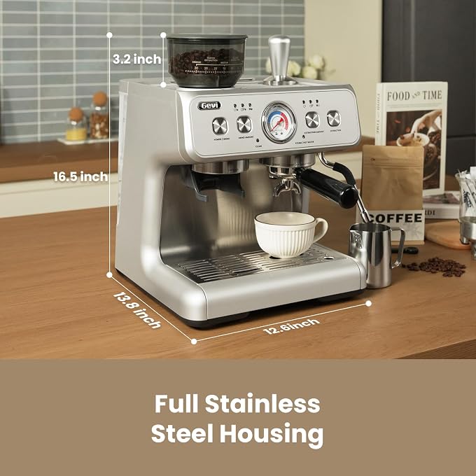 Gevi Dual Boiler Espresso Machine With Grinder & 58mm Portafilter | Stable Dual Boiler Extraction, Customizable Grind Sizes, Premium Steam Wand, Stylish Silver Machine For Homemade Cafe Drinks - Image 2