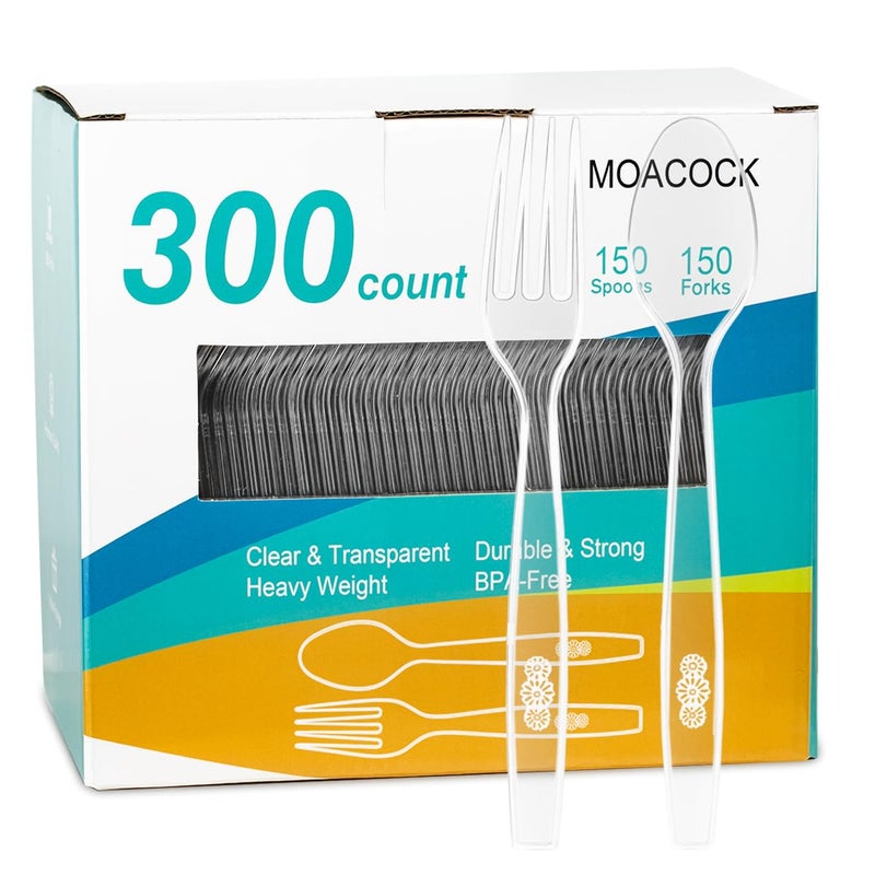 MOACOCK 300 Count Plastic Silverware Heavy Weight Plastic Forks Spoons Disposable Utensils Cutlery Set for Wedding Party Supplies Everyday Use