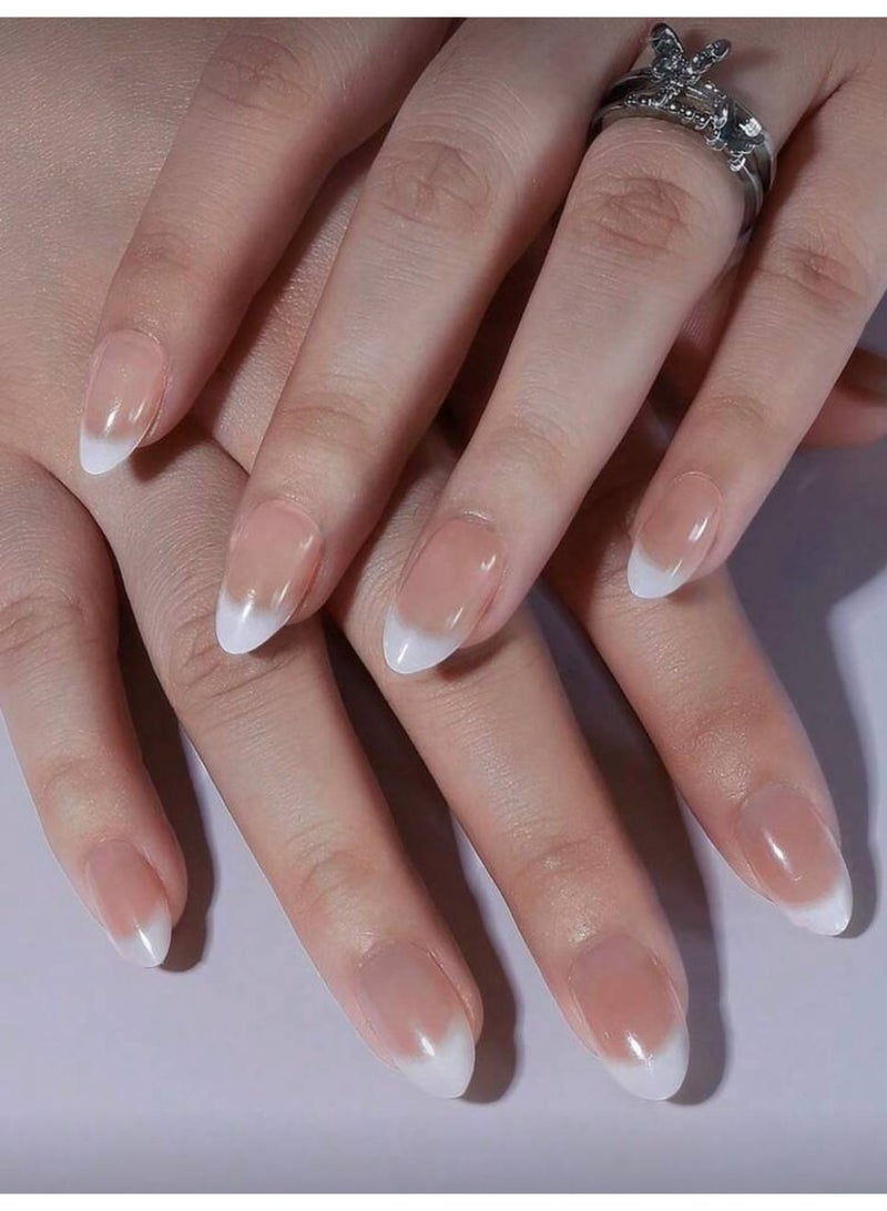 KI Almond-Shaped Milky White French Gradient Press-On Nails Set – 24 Pieces with Adhesive Gel - Image 1