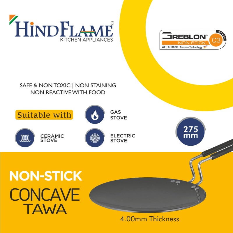 Hindflame Concave Tawa 275 mm Diameter (Aluminium, Non-Stick) 1 Year Warranty (ISI Certified & BIS Approved) with 1 Scrubber and 1 Spatula - Image 3