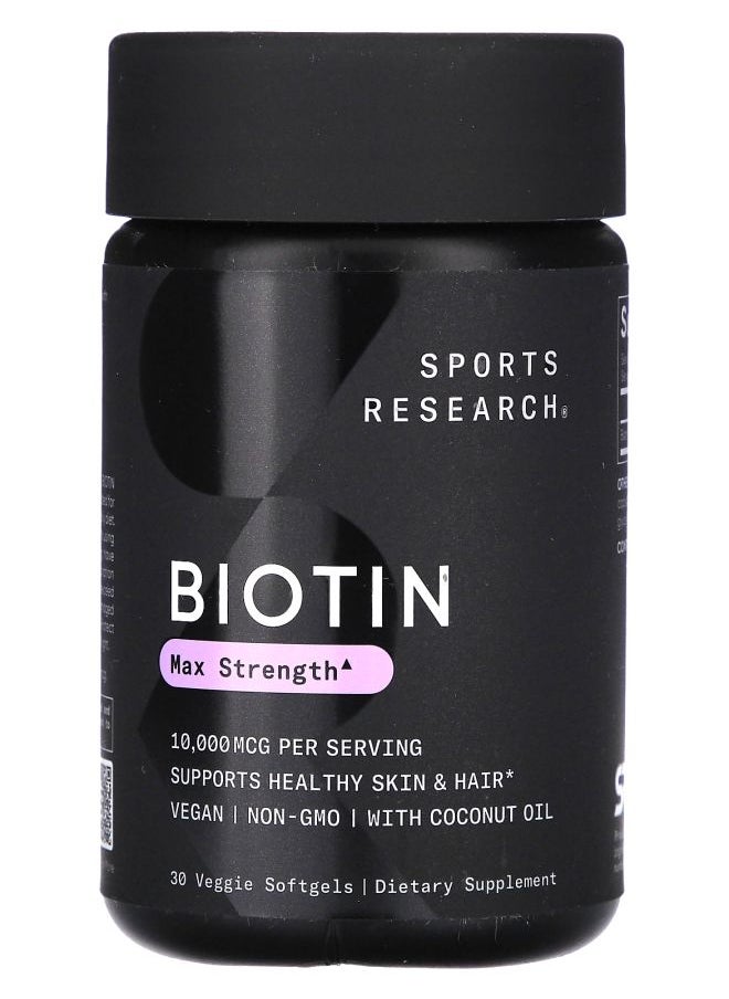 SPORTS RESEARCH Biotin Max Strength 10000 mcg 30 Veggie Softgels 