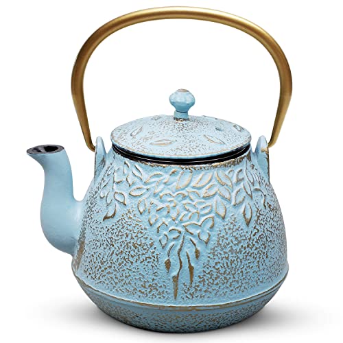 TOPTIER Japanese Cast Iron Tea Kettle with Stainless Steel Infuser Cast Iron Teapot Stovetop Safe Leaf Design Teapot Coated with Enameled Interior 32 Ounce 950 ml Turquoise Blue