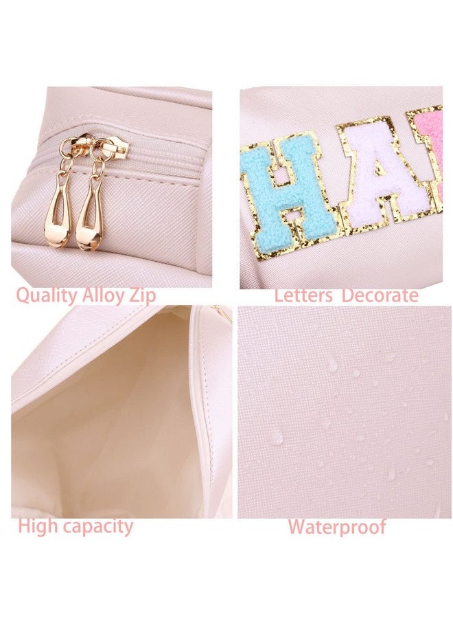CRUOXIBB - Preppy Patch Cosmetic Toiletry Bag For Women Letters Pu Leather Portable Makeup Bag Zipper Pouch Storage Purse Waterproof Organizer For Travel (Hair) - Image 1
