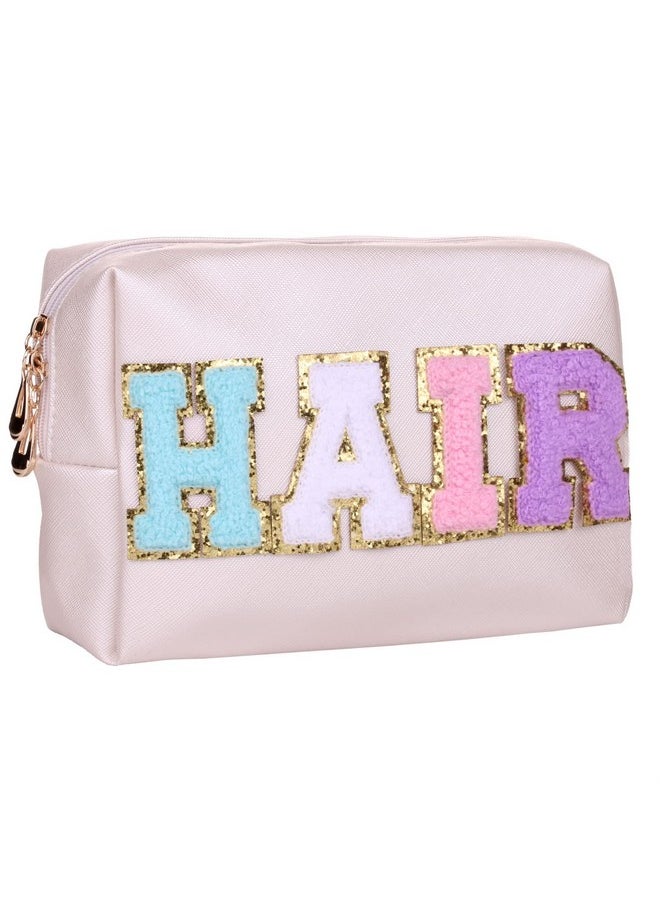 CRUOXIBB - Preppy Patch Cosmetic Toiletry Bag For Women Letters Pu Leather Portable Makeup Bag Zipper Pouch Storage Purse Waterproof Organizer For Travel (Hair) - Image 1