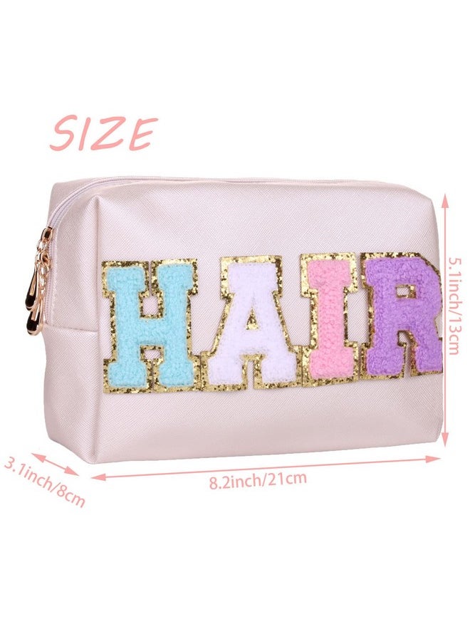 CRUOXIBB - Preppy Patch Cosmetic Toiletry Bag For Women Letters Pu Leather Portable Makeup Bag Zipper Pouch Storage Purse Waterproof Organizer For Travel (Hair) - Image 1