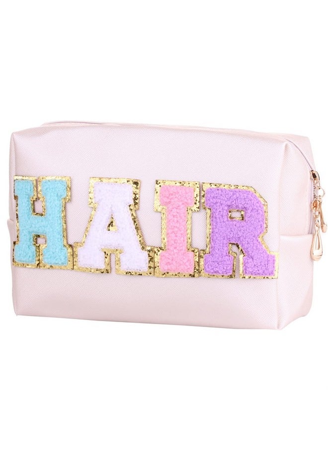 CRUOXIBB - Preppy Patch Cosmetic Toiletry Bag For Women Letters Pu Leather Portable Makeup Bag Zipper Pouch Storage Purse Waterproof Organizer For Travel (Hair) - Image 1