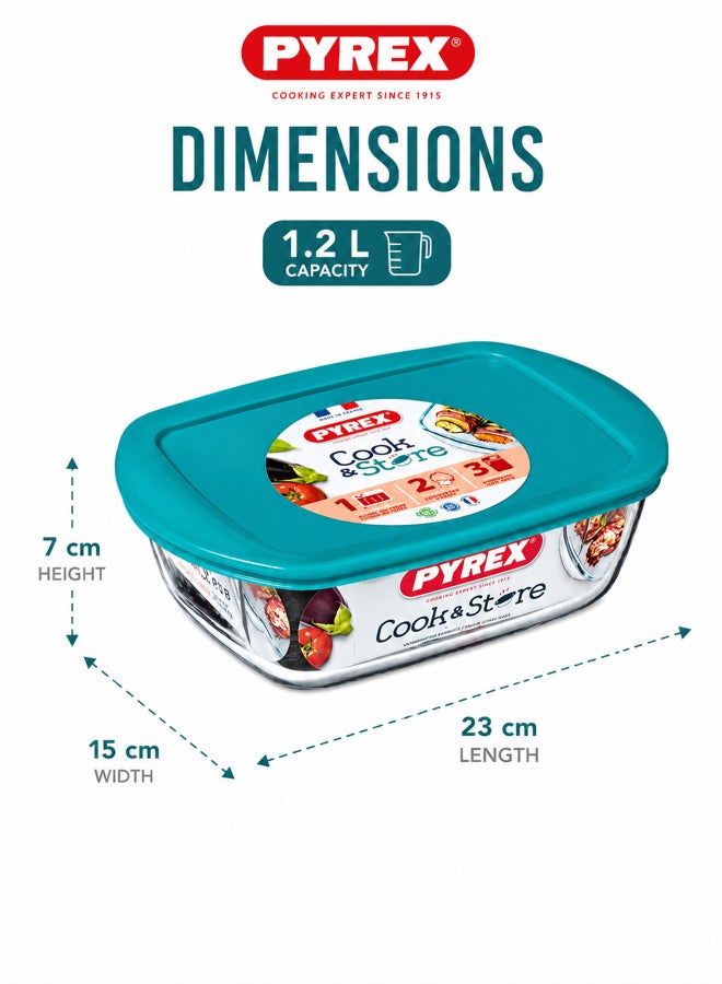 بيريكس Pyrex Cook&Store Rectangular Roaster with Lid 1.2L, Borosilicate Glass Baking Dish, Oven, Microwave, Freezer & Dishwasher Safe, Glass Food Storage Container for Baking, Roasting & Reheating - Image 2