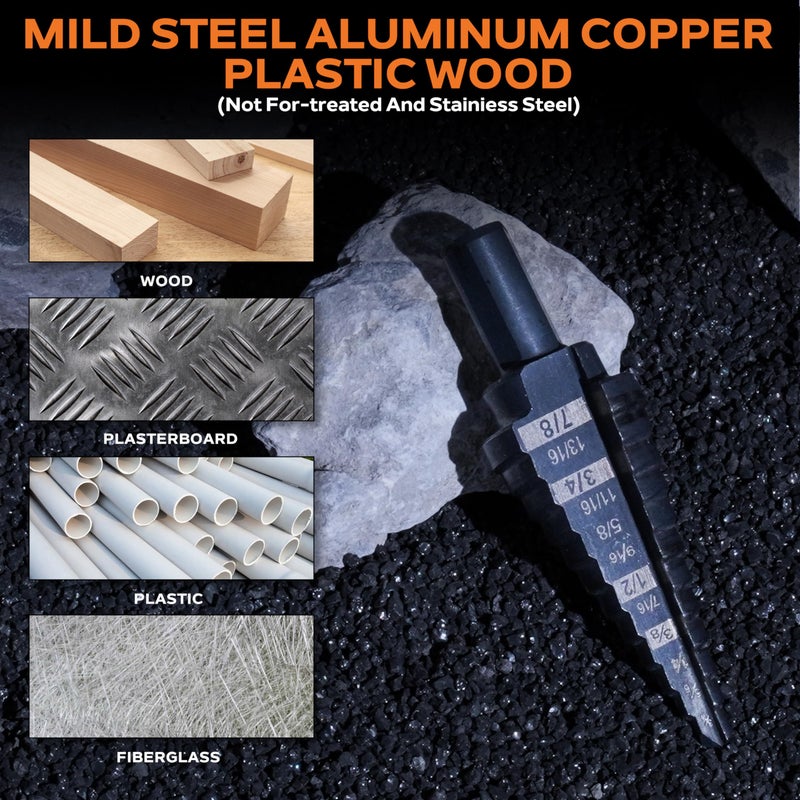 KSEIBI #5 HSS Step Drill Bit Set 1/4-1 3/8" with 3/8 Shank - Black Oxide Finish for Metal, Wood, Plastic Drilling - Durable, Precision Multi-Sized Bits with 3-Flat Shank 575055 - Image 4