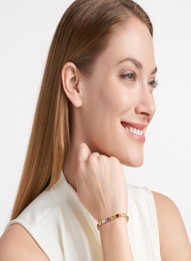 مورجان آند بايدج أساور تنس نسائية من مورغان آند بيج، مصنوعة من الفضة الإسترليني عيار 925 ومطلية بالذهب الأصفر عيار 18 قيراطًا، مرصعة بخمسة أحجار كريمة أصلية متعددة الألوان، أساور فضية مضادة للحساسية للنساء، مزودة بمشبك صندوقي آمن مع مزلاج أمان، طولها 7 بوصات. - Image 4