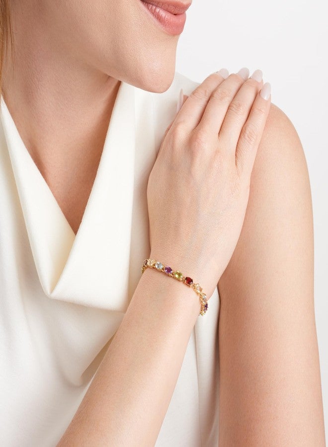 مورجان آند بايدج أساور تنس نسائية من مورغان آند بيج، مصنوعة من الفضة الإسترليني عيار 925 ومطلية بالذهب الأصفر عيار 18 قيراطًا، مرصعة بخمسة أحجار كريمة أصلية متعددة الألوان، أساور فضية مضادة للحساسية للنساء، مزودة بمشبك صندوقي آمن مع مزلاج أمان، طولها 7 بوصات. - Image 2