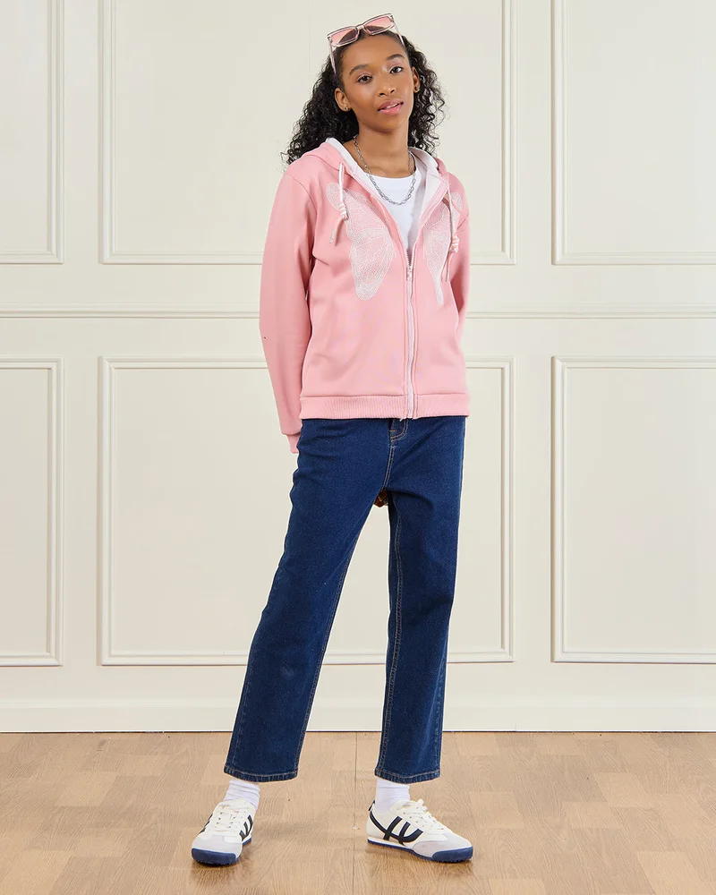 ردتاغ Senior Girls Jacket With Hoody And Front Zipper