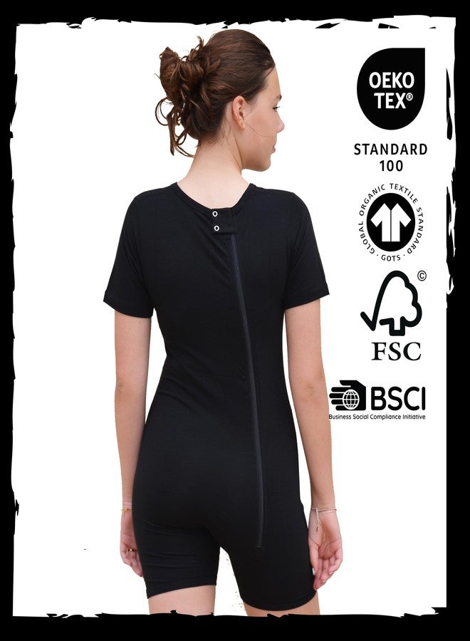 JOF Berlin Body Zipper For Kids | Black | 13-14 Years Old | Onesie Bodyshort With Zipper | Adaptive Clothing For Children With Special Needs | Short Sleeve Short Leg Zipback Jumpsuit - Image 2