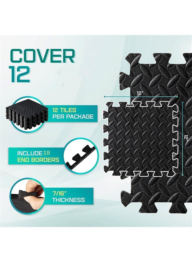 HOMESTAR Pack of 12 Interlocking Foam Mats, Leaf Pattern Mat for Gym, Exercise, Yoga, 30cm*30cm Each Tile, Black - Image 2