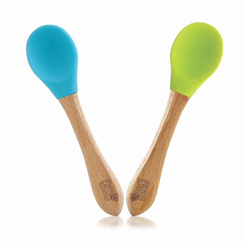 Beebaby Nurture Natural Beech Wood & Soft Silicone Baby Feeding Spoons | 100% BPA Free, Eco-Friendly Weaning Spoons for Infants, Kids & Toddlers | Gentle on Gums, Safe for 6+ Months (Blue & Green) - Image 1
